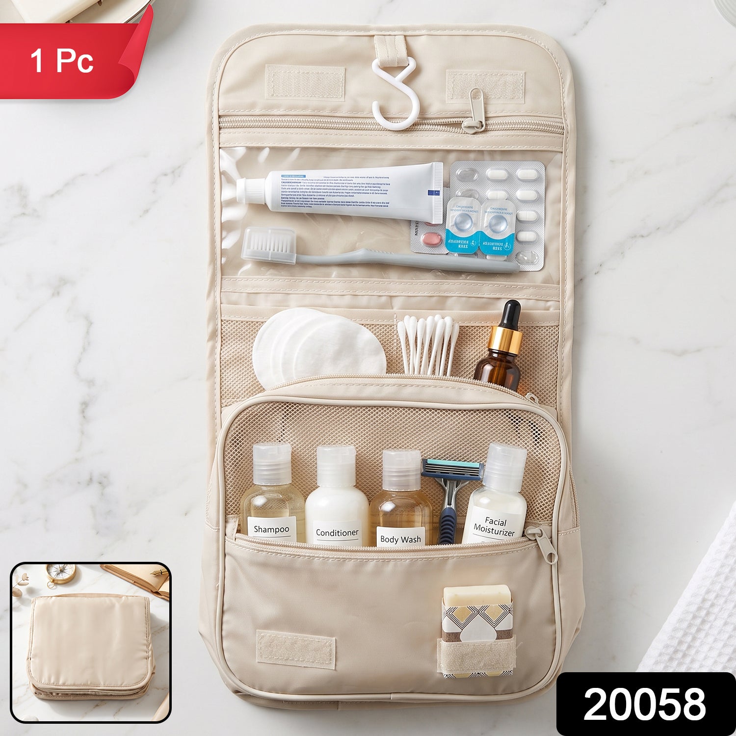 Wukusy premium foldable travel pouch bag with hanging toiletry organizer, featuring multiple compartments and compact design.