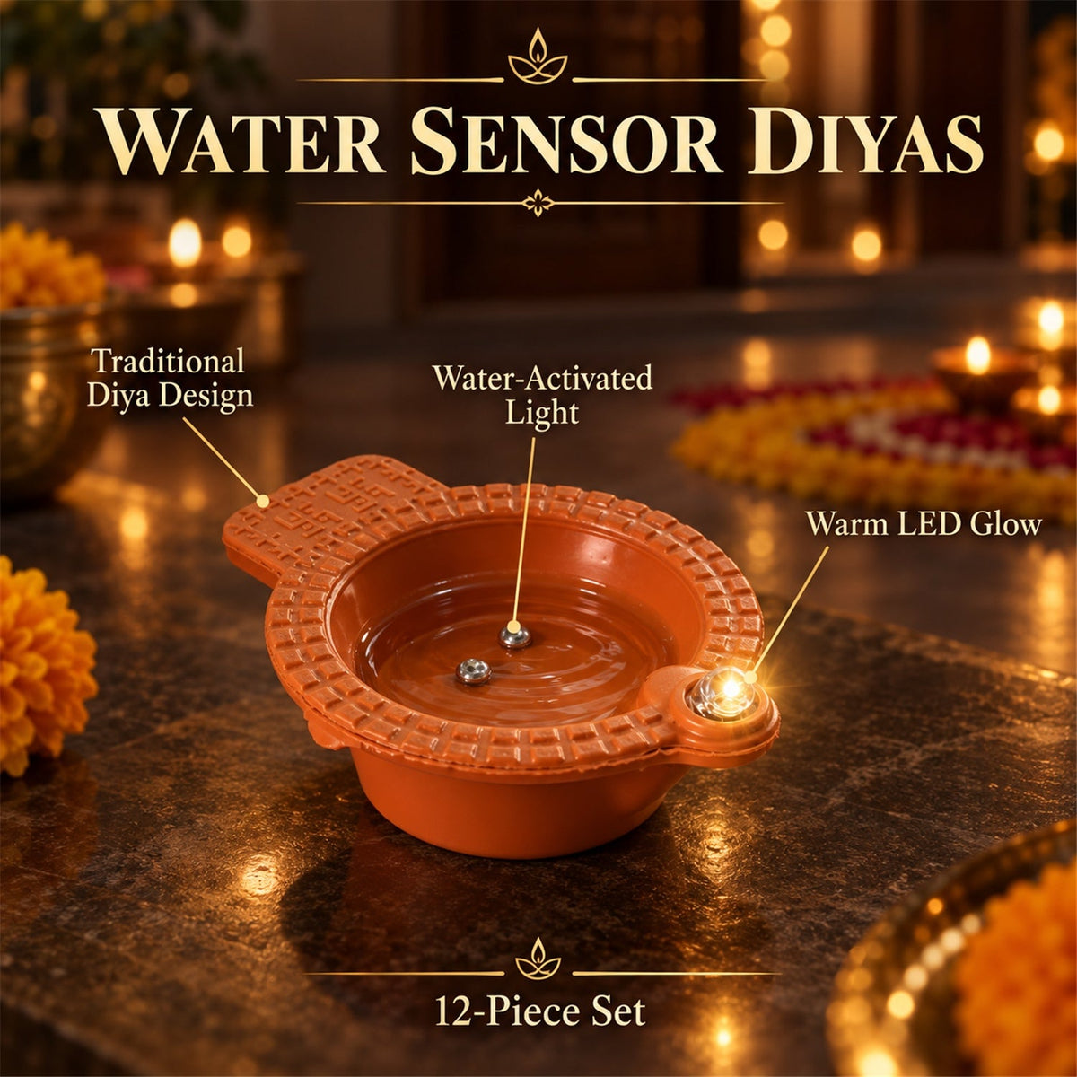 Set of 12 Wukusy flameless LED diwali diyas with water sensors, perfect for Diwali and pooja decoration.