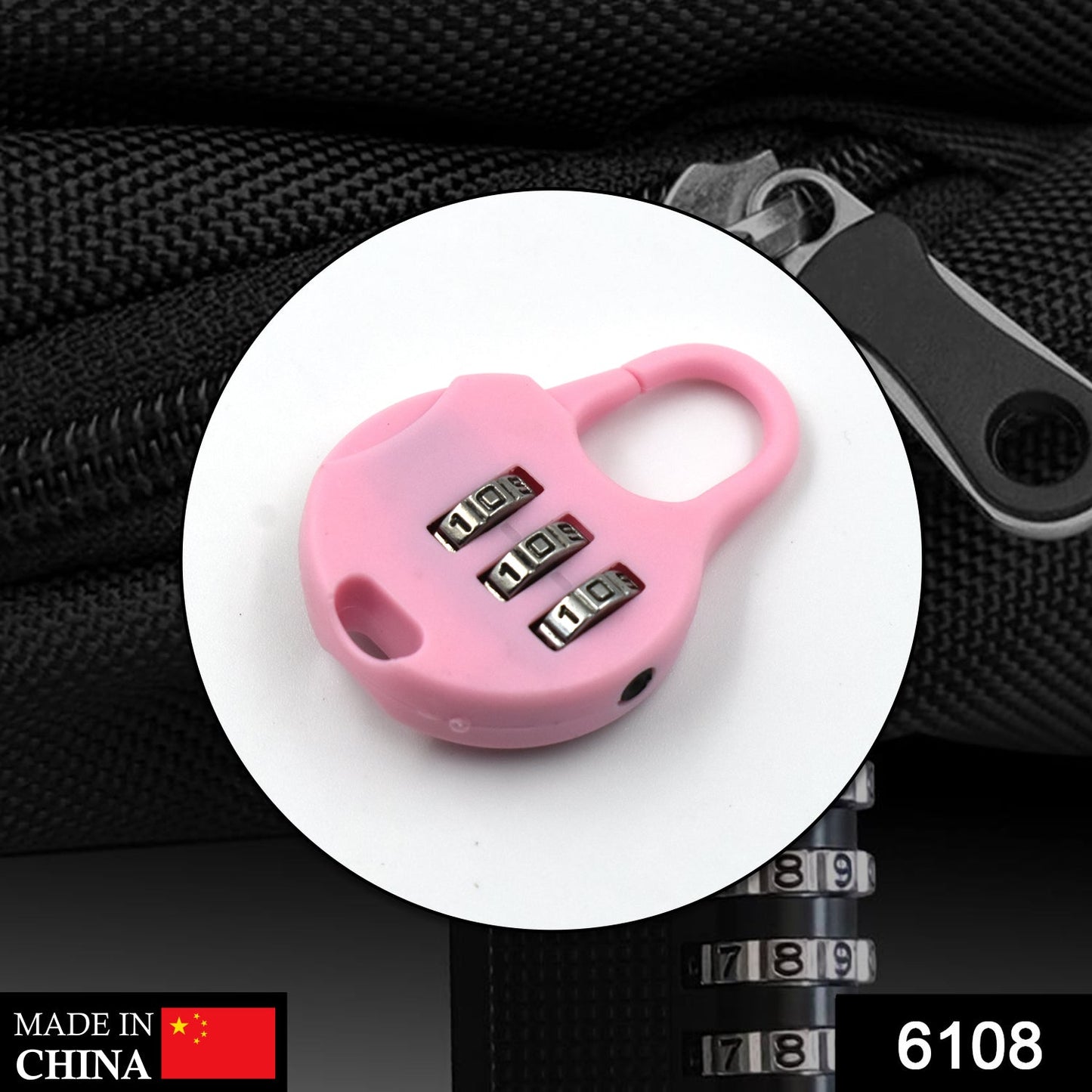 Wukusy 6108 3-digit zipper lock with zipper tool, used for security purposes in various zipper materials.