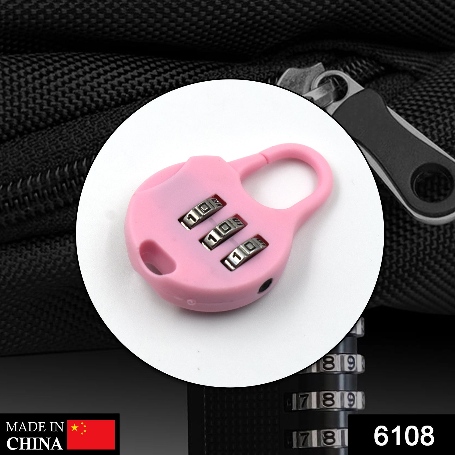 Wukusy 6108 3-digit zipper lock with zipper tool, used for security purposes in various zipper materials.