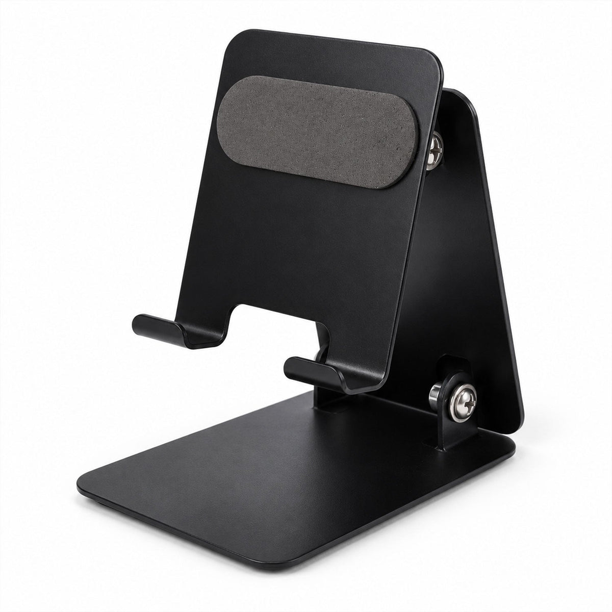 Wukusy foldable metal mobile phone stand with adjustable angle, suitable for desk use, shown holding a smartphone in a natural setting.