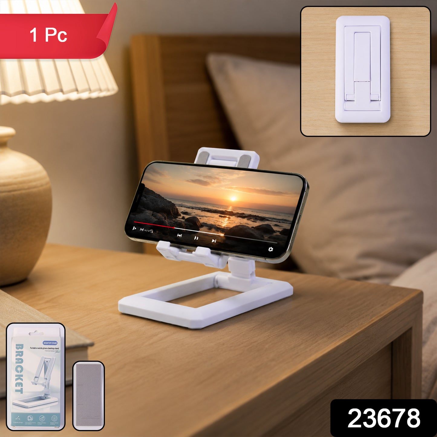 Wukusy foldable plastic mobile phone holder stand on a desk, adjustable for office use, displaying a smartphone in portrait orientation.