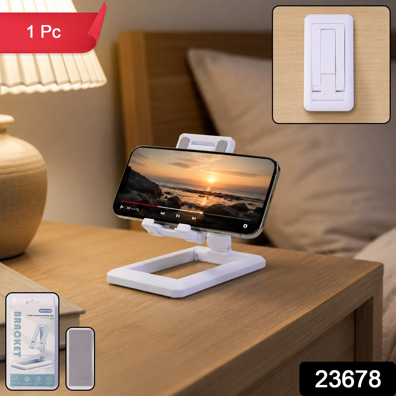 Wukusy foldable plastic mobile phone holder stand on a desk, adjustable for office use, displaying a smartphone in portrait orientation.
