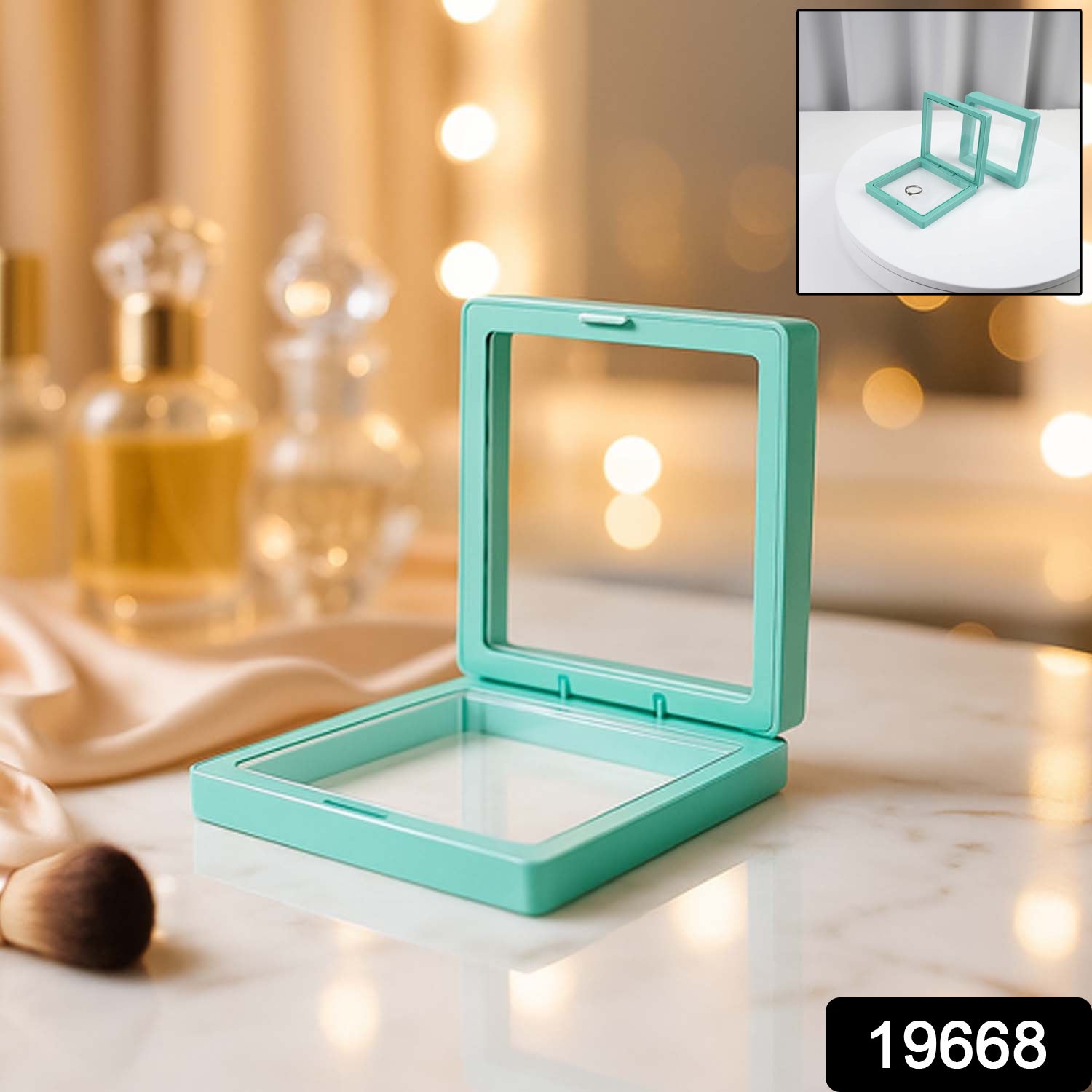 Clear jewelry display box with transparent lid, compact 9x9 cm, ideal for showcasing rings, necklaces, and earrings.