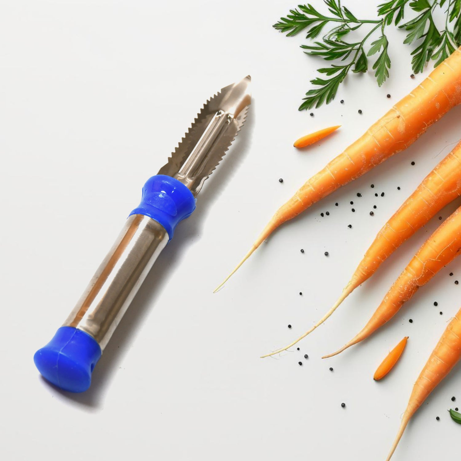 Wukusy 2-in-1 stainless steel vegetable peeler with hanging ring, ideal for peeling and shredding potatoes, carrots, and fruits.