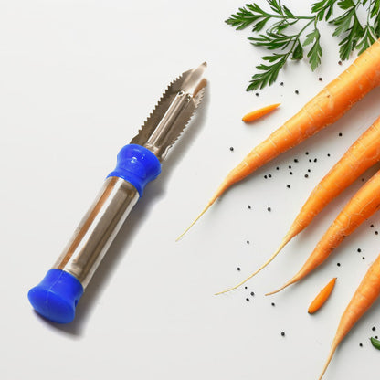 Wukusy 2-in-1 stainless steel vegetable peeler with hanging ring, ideal for peeling and shredding potatoes, carrots, and fruits.