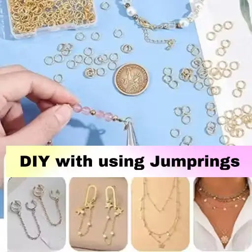 Set of 200 gold open jump rings for jewelry making, Ekom brand, showing shiny circular metal connectors on a white background.