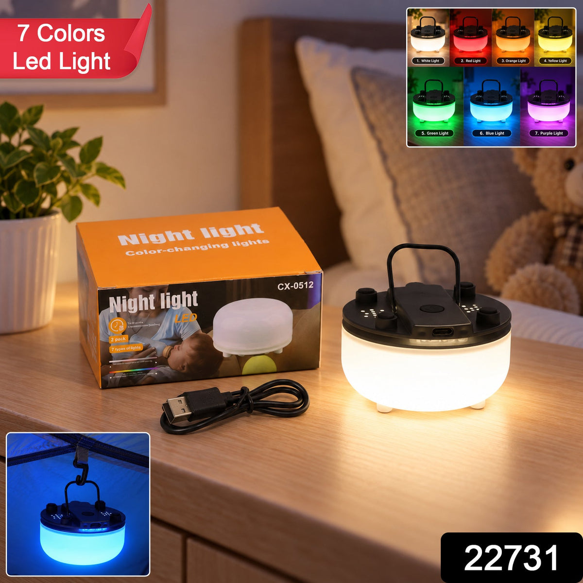 Wukusy portable LED night light with USB charging, hanging handle, displaying seven color options in a cozy indoor setting.
