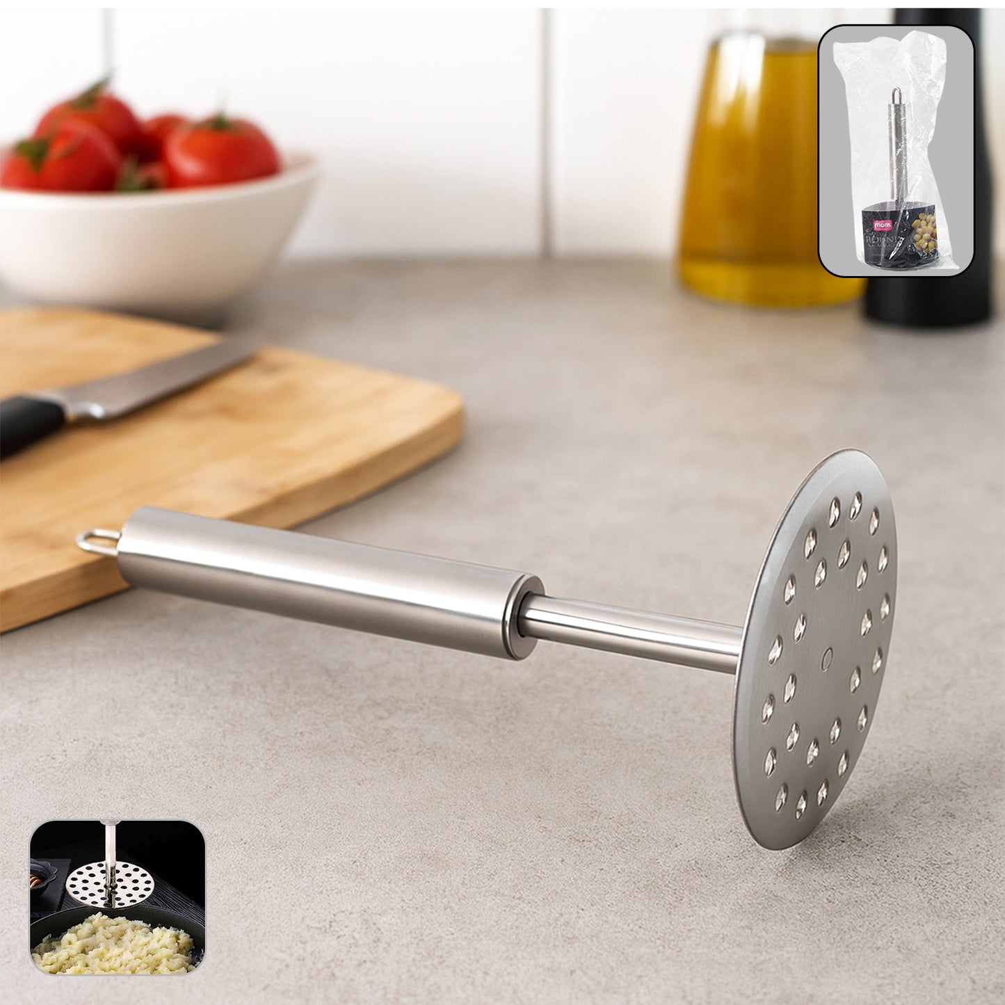 Wukusy Supermom heavy-duty stainless steel potato masher with ergonomic handle for efficient mashing in the kitchen.