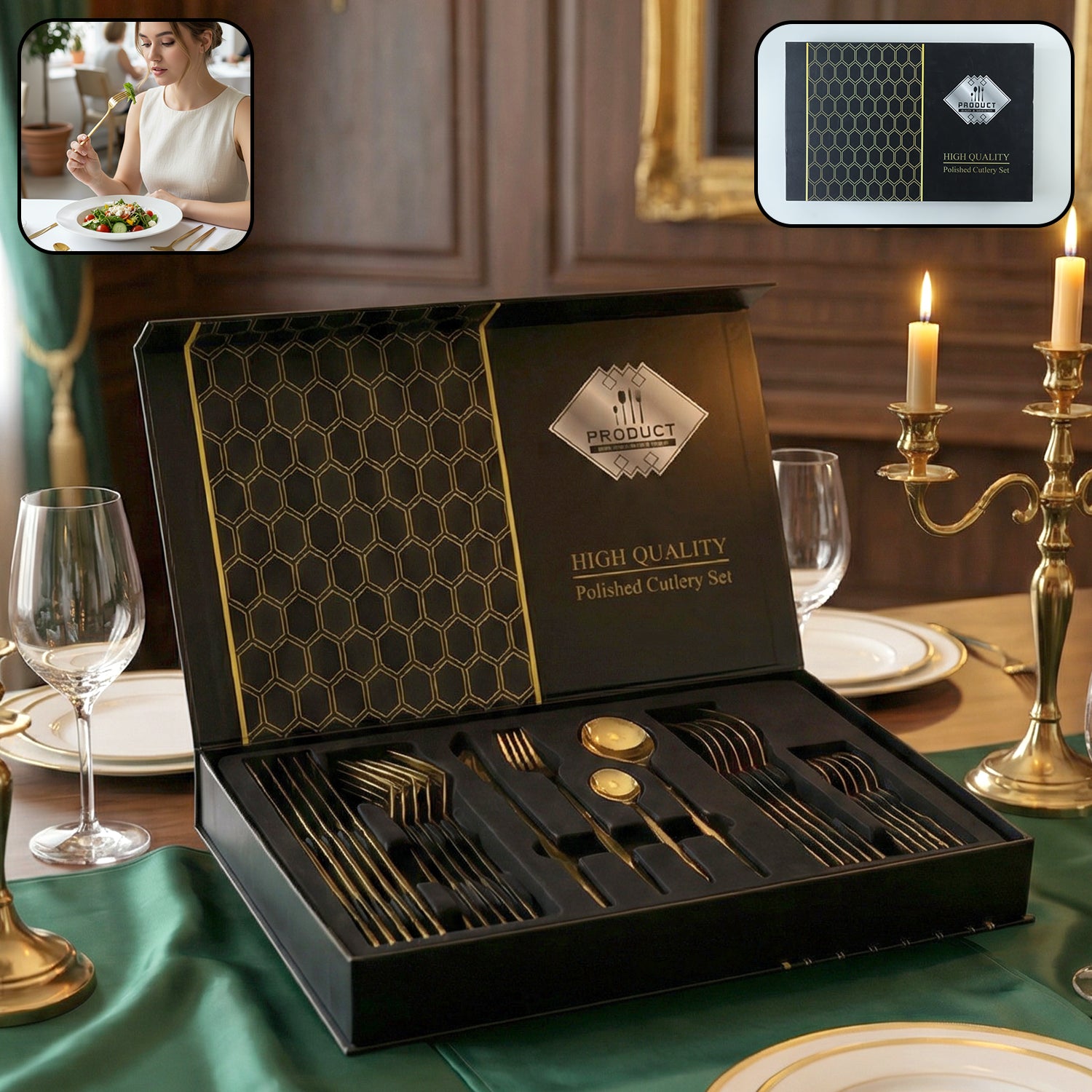 Premium Gold Finish Stainless Steel Cutlery Set With Luxury Gift Box (24 Pc Set)