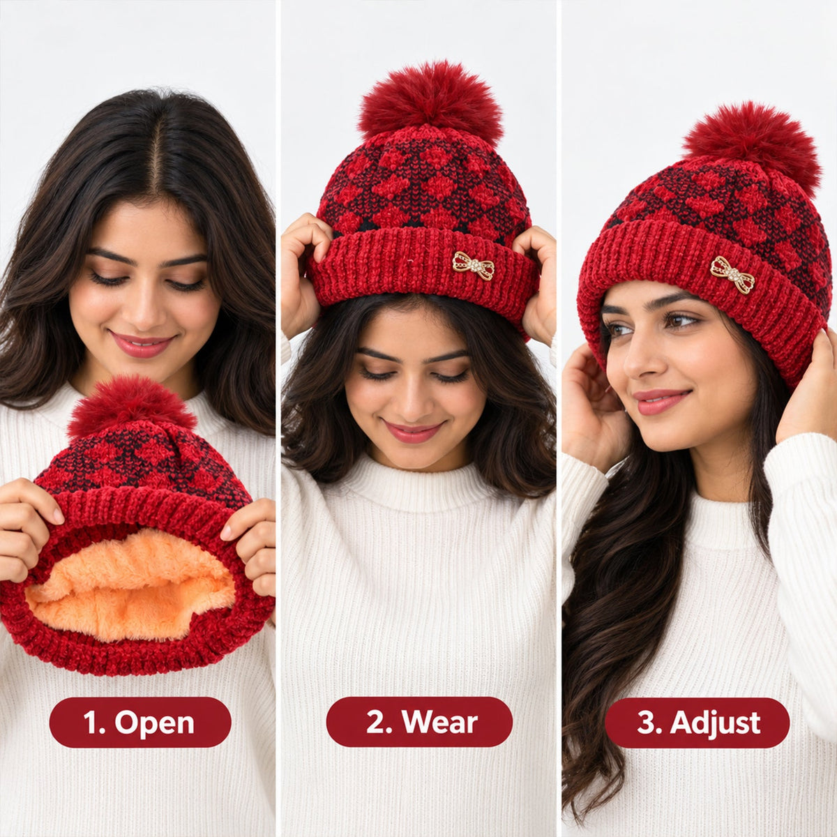 Wukusy soft knitted winter beanie cap with pom pom and inner lining, perfect for cold weather and cozy comfort.