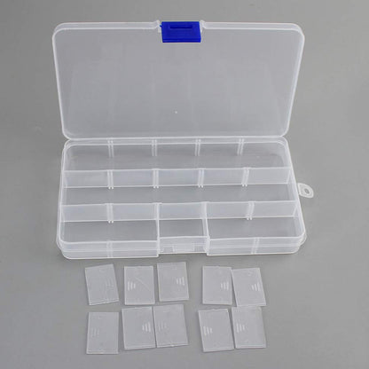 Clear Wukusy 12912 plastic jewelry organizer box with 15 adjustable grid compartments for beads, jewelry, herbs, and small items.