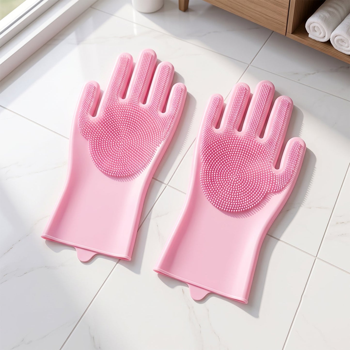 Pink Silicone Cleaning Gloves With Scrubbing Bristles For Kitchen Washing (1 Pair)