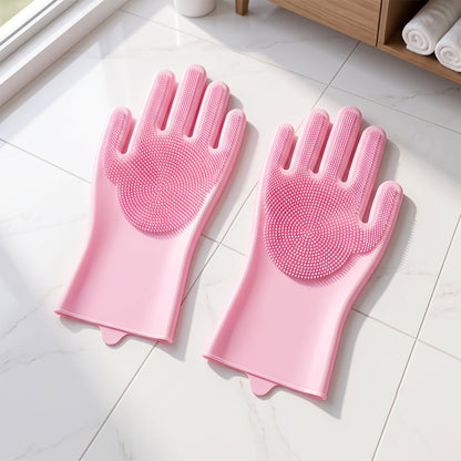 Pink Silicone Cleaning Gloves With Scrubbing Bristles For Kitchen Washing (1 Pair)