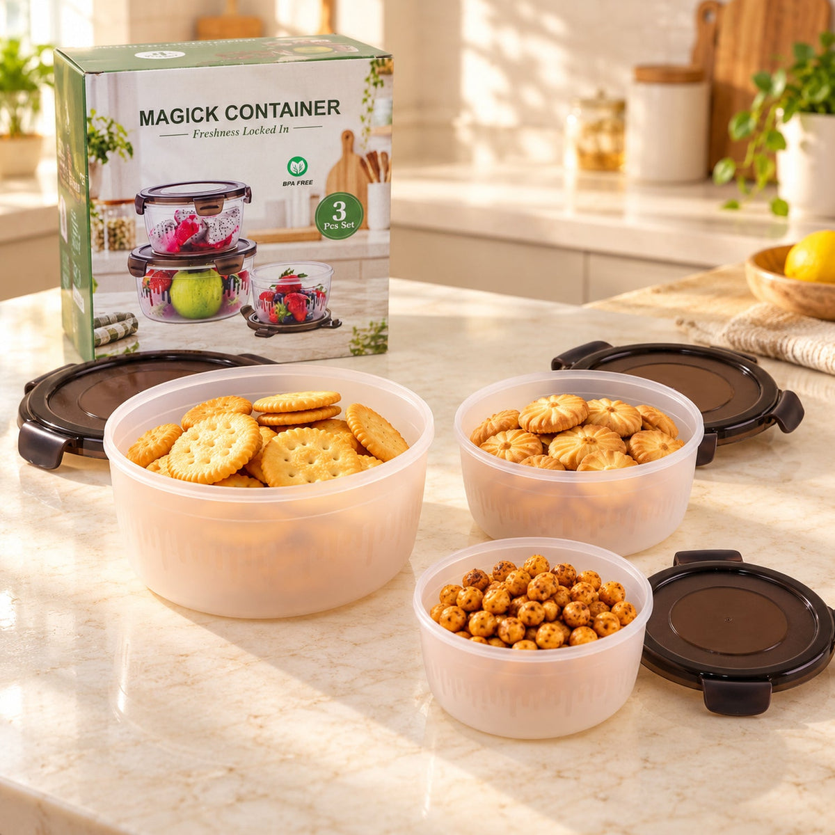 Wukusy Magick round food storage containers with clip-on lids, three sizes, 3-piece set