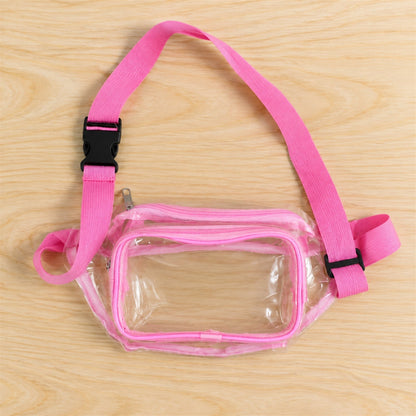 Wukusy transparent PVC waist bag with two zip pockets and adjustable strap, measuring 26x16 cm, for convenient hands-free carrying.