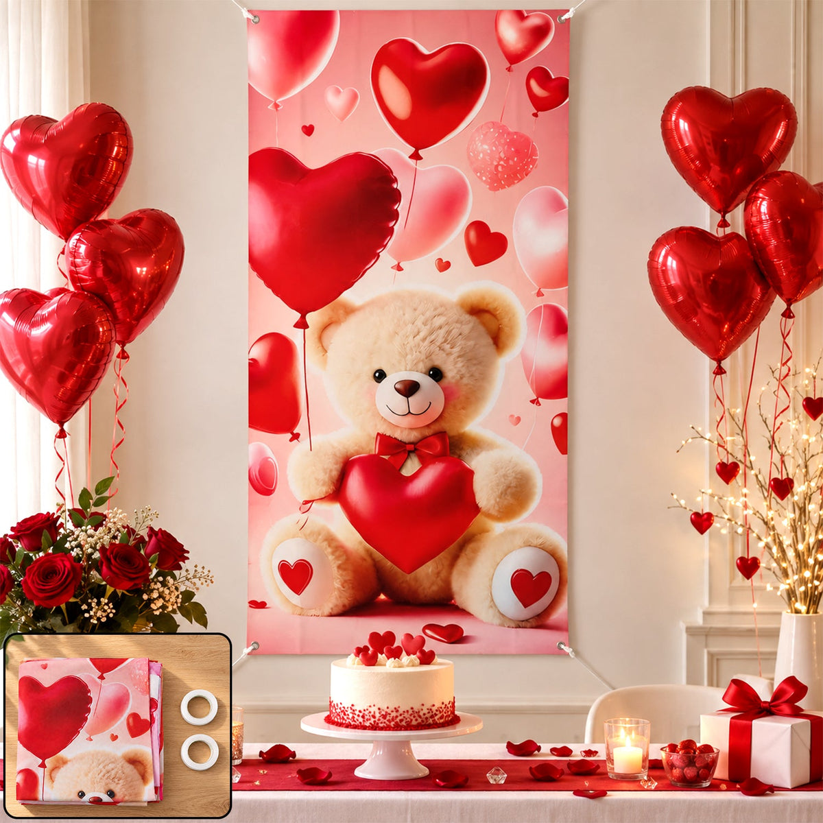 Wukusy teddy bear and heart backdrop curtain for romantic parties, 210x100 cm, soft fabric with cute bear and heart design.
