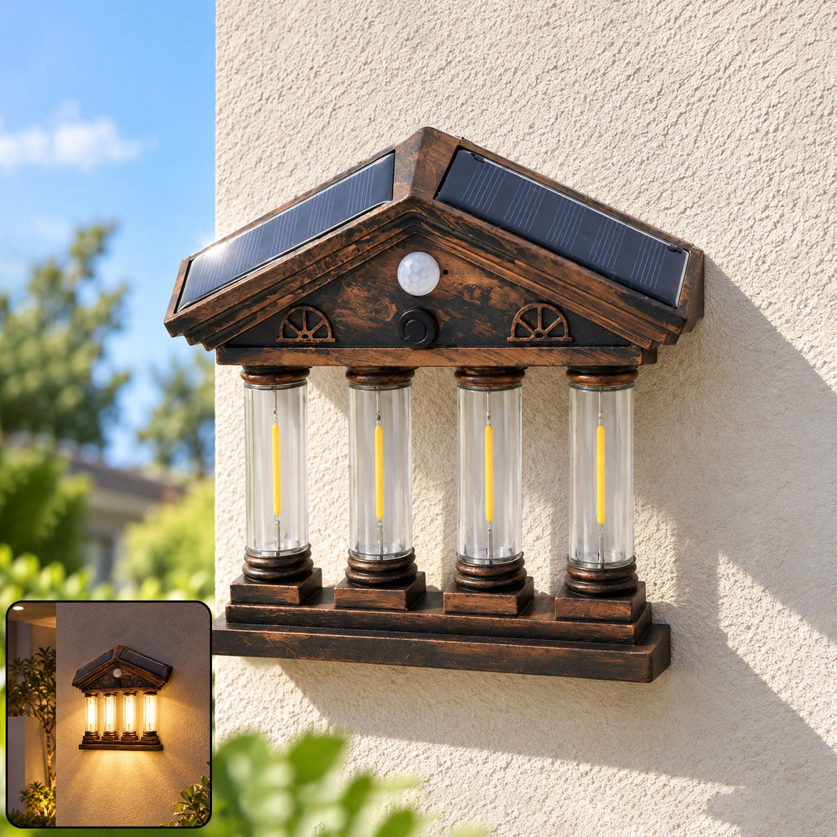Wukusy 4 Cob motion sensor solar wall light illuminating garden and porch with warm glow, mounted on exterior wall.