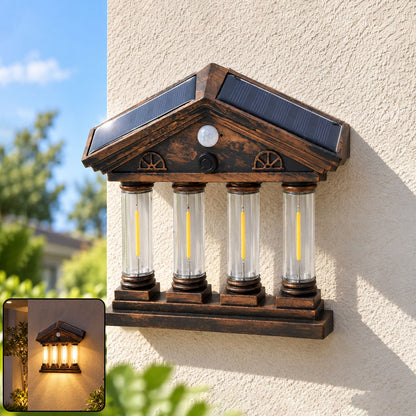 Wukusy 4 Cob motion sensor solar wall light illuminating garden and porch with warm glow, mounted on exterior wall.