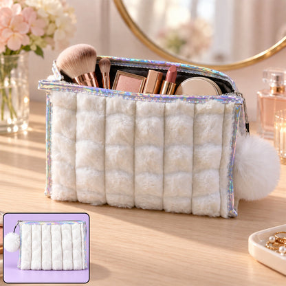 Wukusy plush makeup zipper pouch with pom-pom charm, travel and storage bag, 24x16 cm, soft fabric, decorative and functional design.