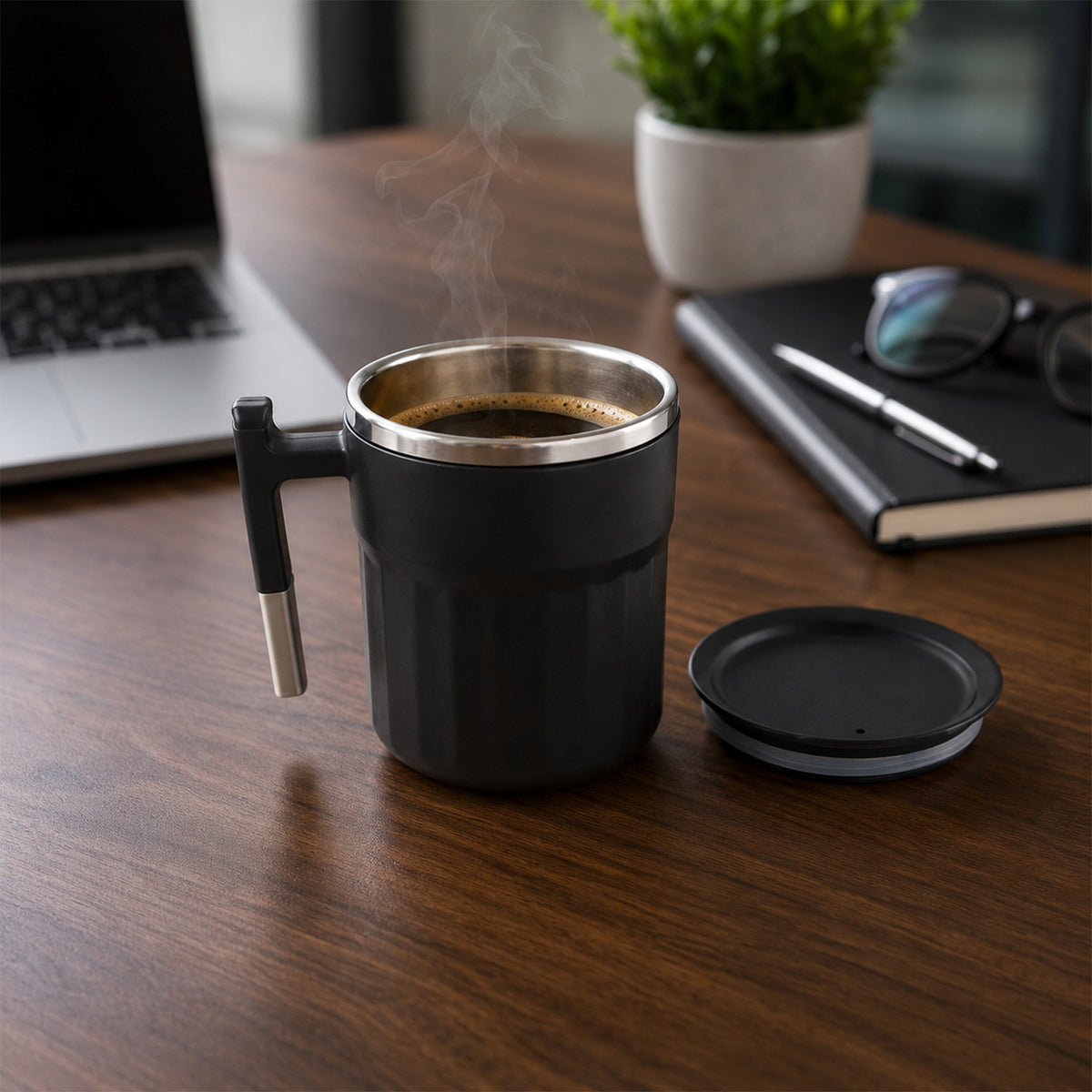 Wukusy Apex Compact Coffee Mug 300ml in matte black with handle and lid, shown with a sleek, modern design.