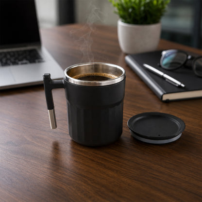 Wukusy Apex Compact Coffee Mug 300ml in matte black with handle and lid, shown with a sleek, modern design.
