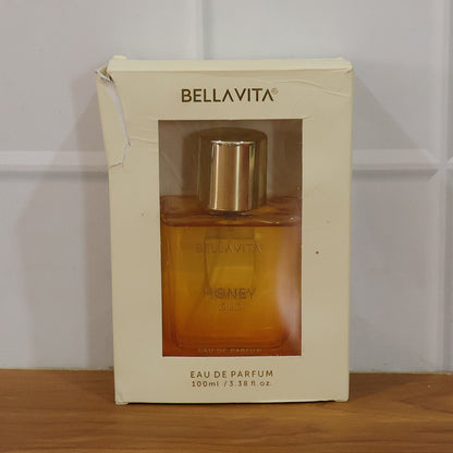 Bellavita Premium Honey Oud perfume bottle by Wukusy, featuring a sleek 100ml glass container with elegant gold accents.