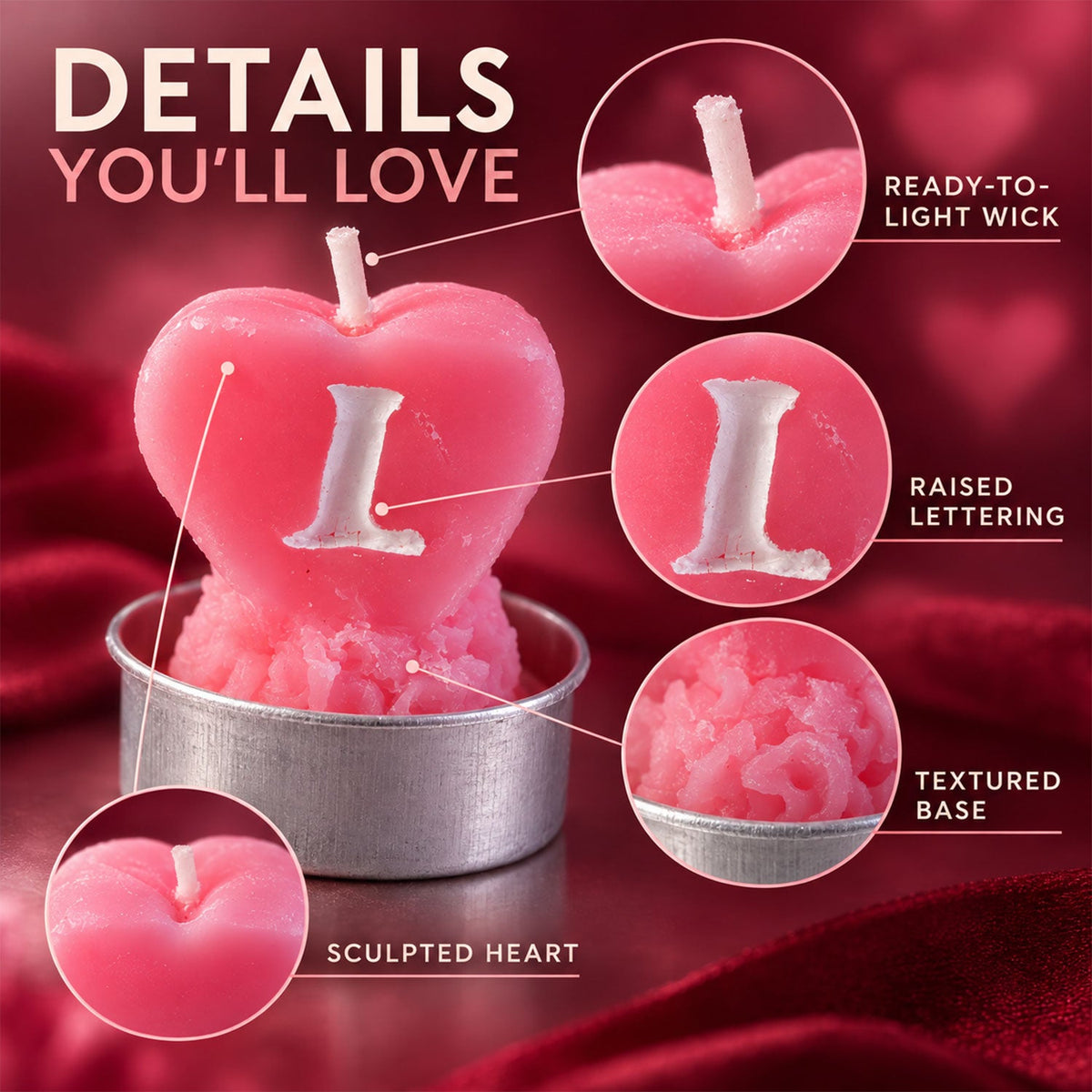 Set of 12 Wukusy heart-shaped love tealight candles for romantic table decoration, with glowing tealights in a romantic setting.