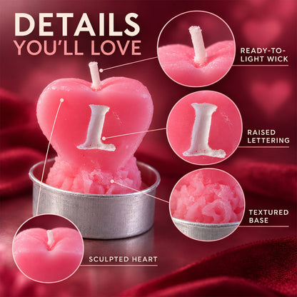 Set of 12 Wukusy heart-shaped love tealight candles for romantic table decoration, with glowing tealights in a romantic setting.