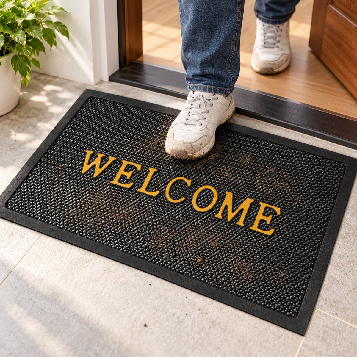Wukusy welcome door mat with textured mesh surface for home entrance, measuring 57x37.5 cm.