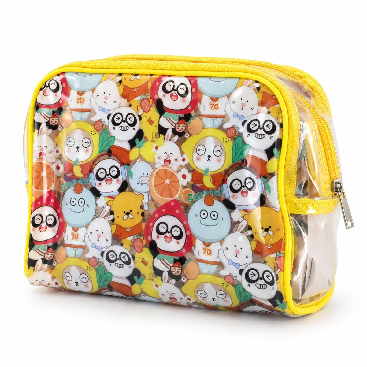 Wukusy multipurpose PVC cosmetic pouch with cartoon print, zip compartments, ideal for travel storage of makeup and toiletries