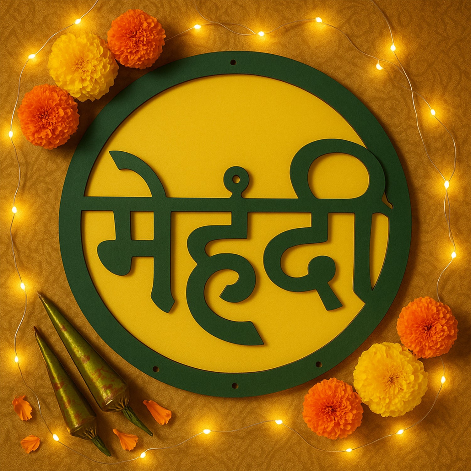 Wukusy Mehndi ceremony wall hanging backdrop sign with elegant calligraphy and floral accents for home decor.