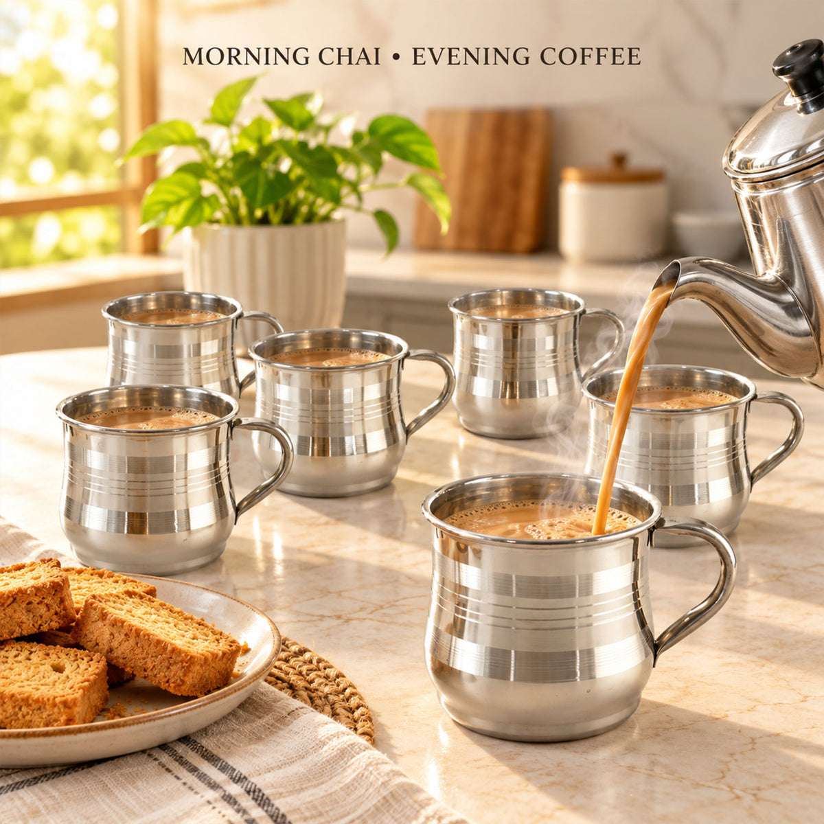Wukusy stainless steel tea coffee cups with handles, 6-piece 175 ml set for home use
