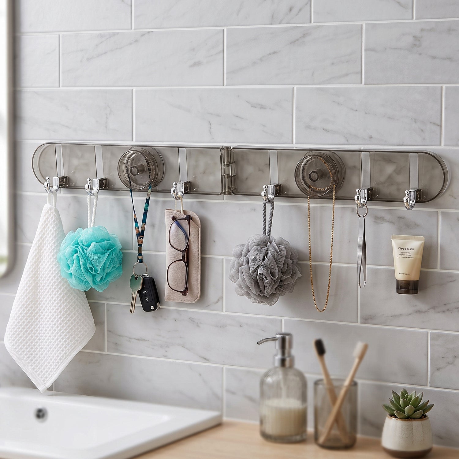 6 Hook Foldable Wall Rack With Suction Cup Mount For Bathroom Kitchen (1 Pc)