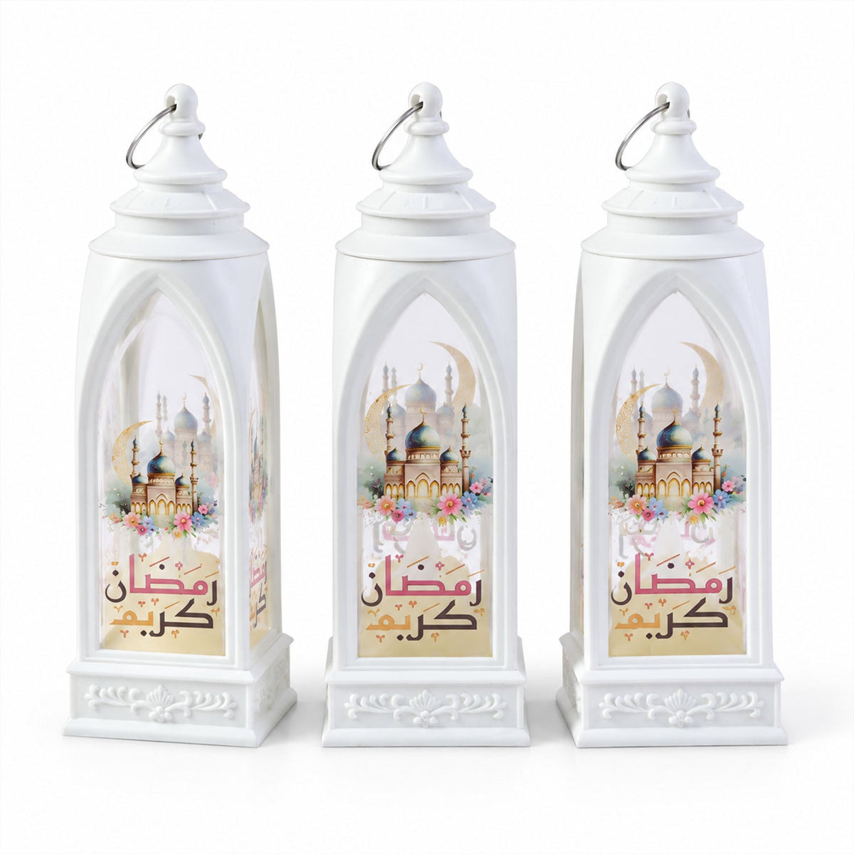 Set of three Wukusy Ramadan flameless LED candle lanterns for hanging or table decor, featuring intricate Islamic patterns and warm light