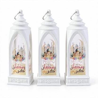 Set of three Wukusy Ramadan flameless LED candle lanterns for hanging or table decor, featuring intricate Islamic patterns and warm light