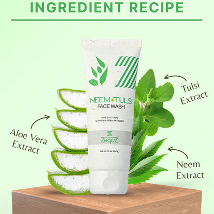 Wukusy Zequz Neem Tulsi Face Wash bottle, 100ml, with natural Neem and Tulsi ingredients for healthy skin in a sleek container.