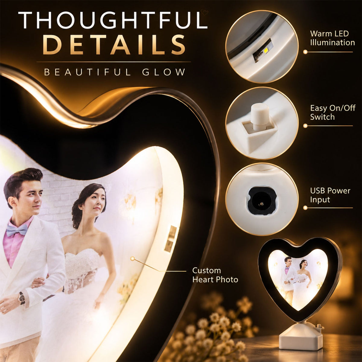 Heart-shaped LED mirror photo frame with warm light, ideal for tabletop home decor, by Wukusy.