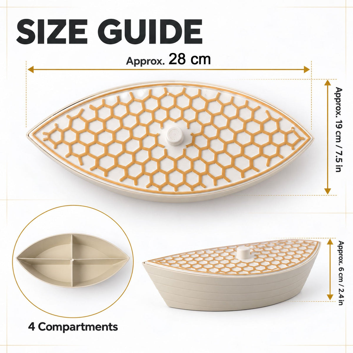 Boat-shaped dry fruit serving box with honeycomb lid from Wukusy, featuring four compartments for nuts and dried fruits.