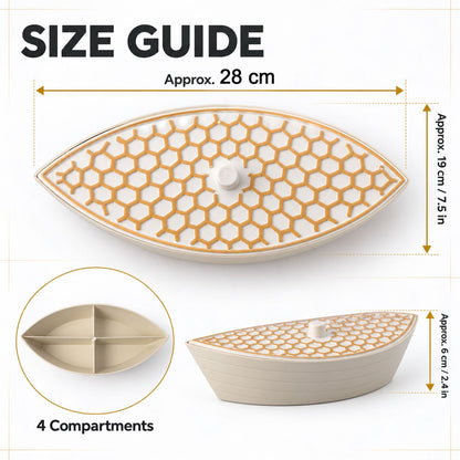 Boat-shaped dry fruit serving box with honeycomb lid from Wukusy, featuring four compartments for nuts and dried fruits.