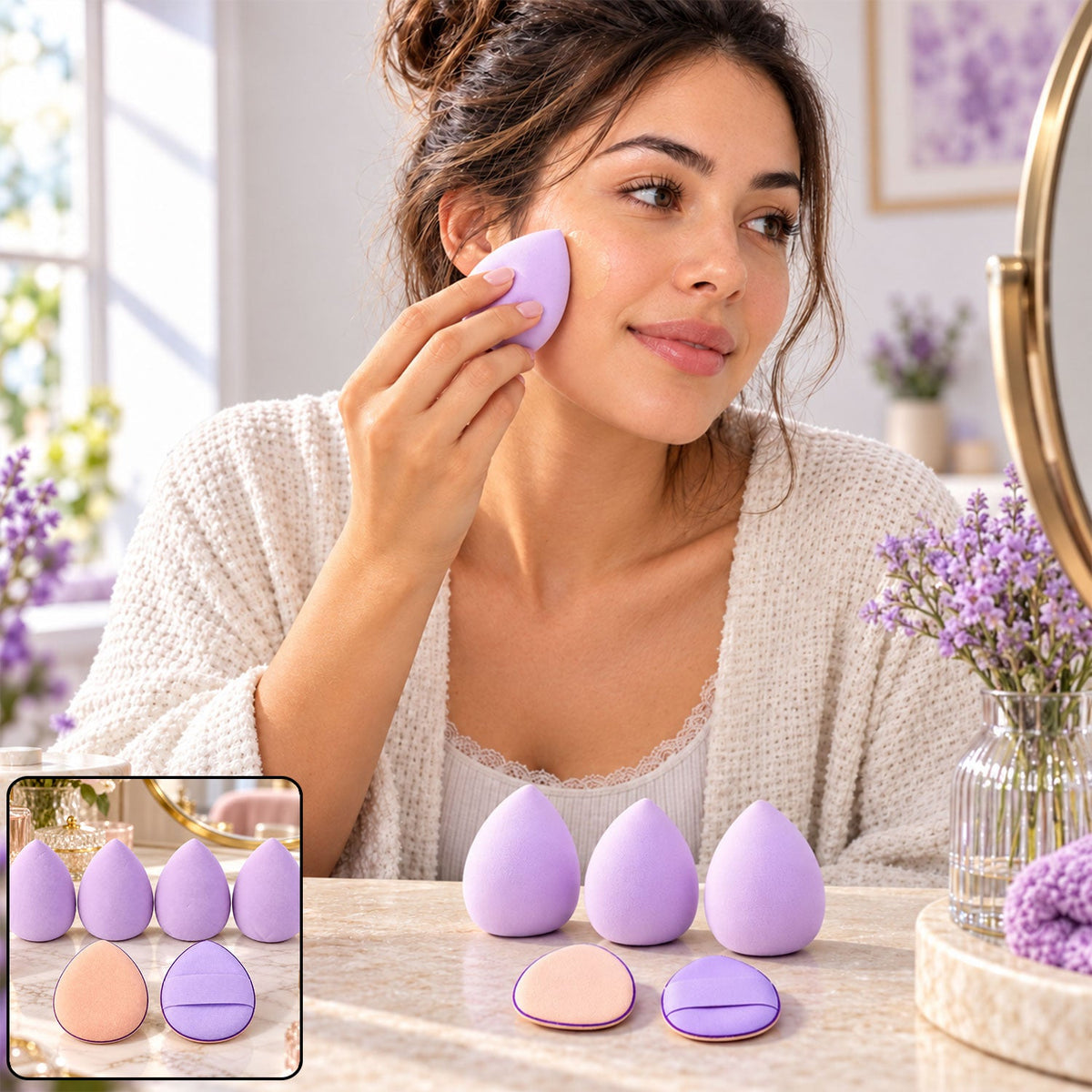 Wukusy 6-piece makeup blending sponge and powder puff set for face cosmetics, including various sponges and puff tools.
