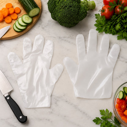 Pair of Wukusy disposable gloves, high-quality and 100-piece pack, showing the white latex gloves laid flat for use.