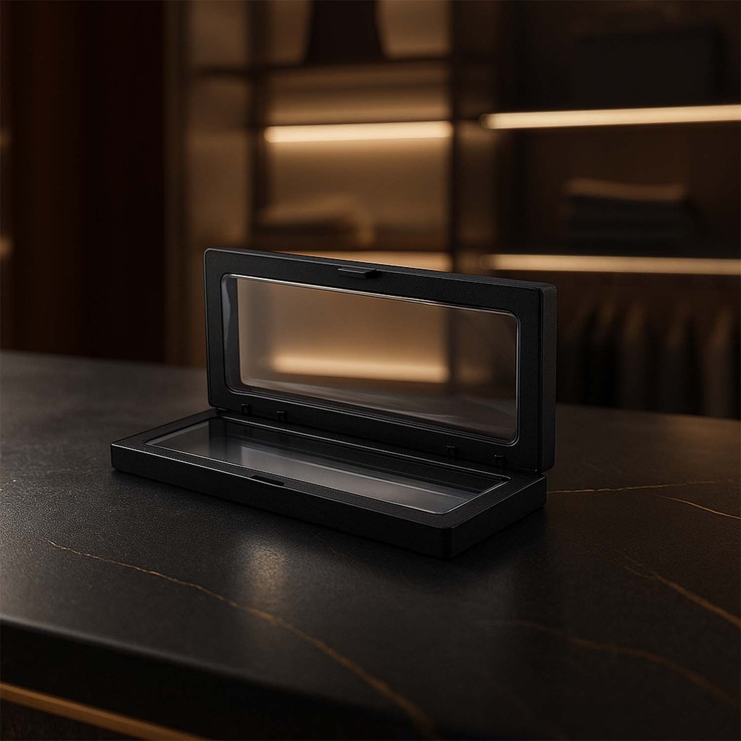 Transparent jewelry display box from Wukusy, 18x7 cm, showcasing a clear, stylish organizer for rings and necklaces.