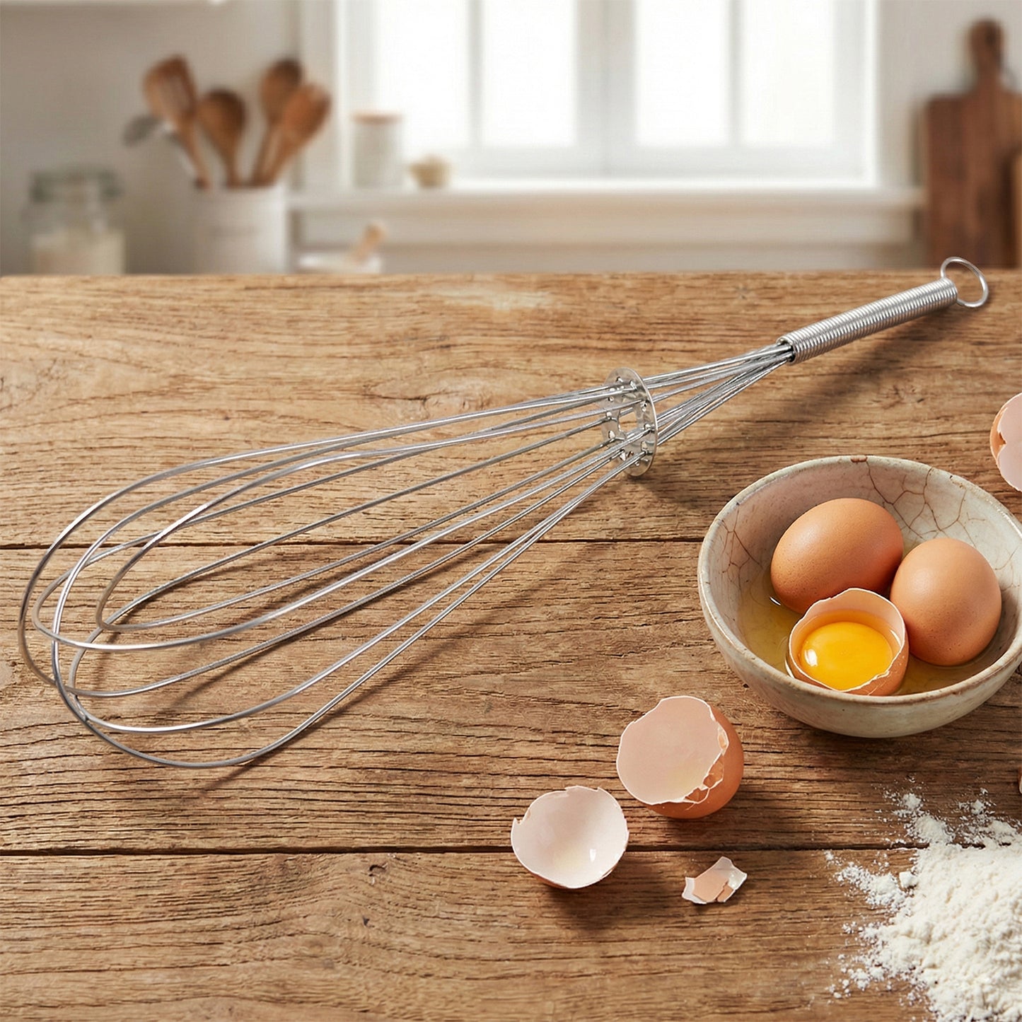 Stainless steel manual egg beater whisk by Wukusy, showing a close-up of the sleek, durable kitchen tool for beating eggs.