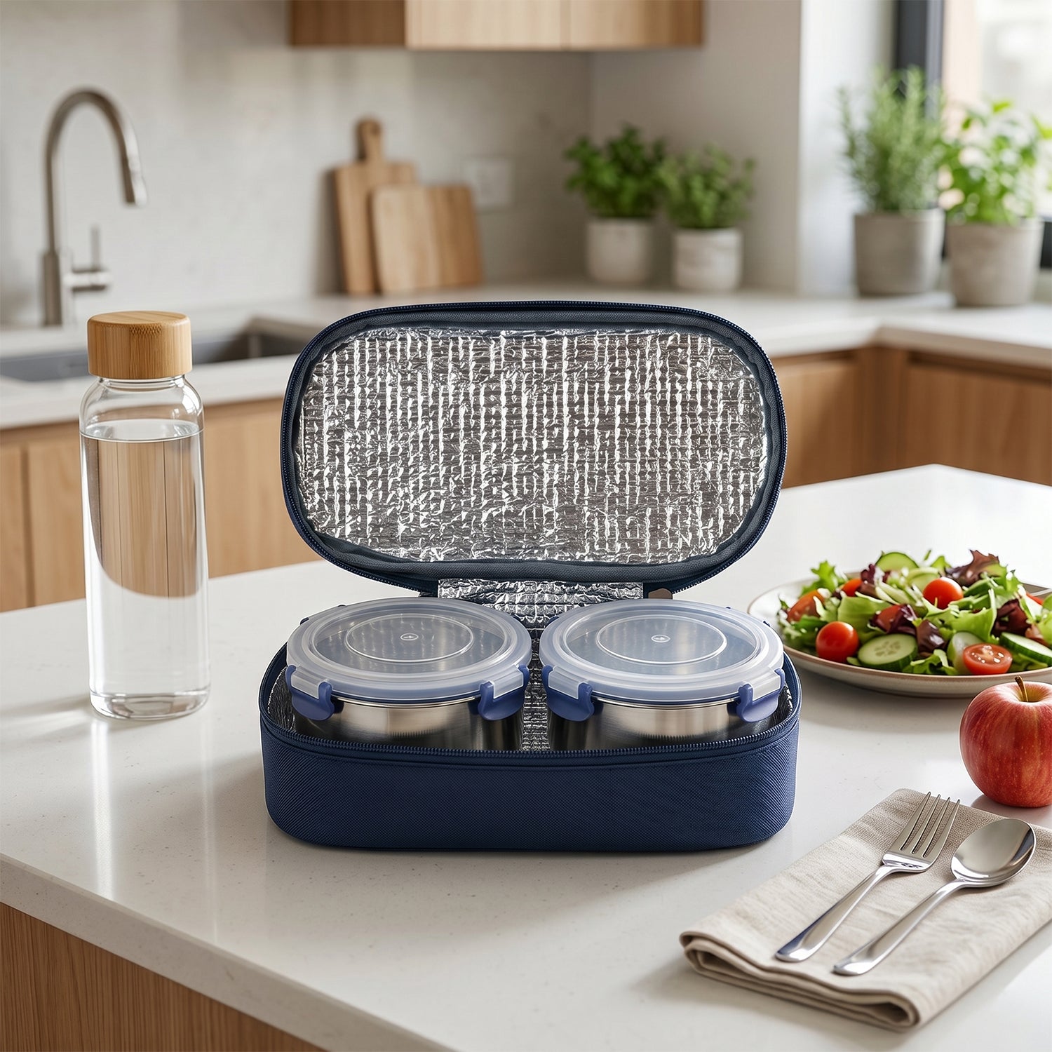 Wukusy Ganesh Neo Twin 300 stainless steel lunch box set with two stackable containers and secure lids, ideal for everyday use