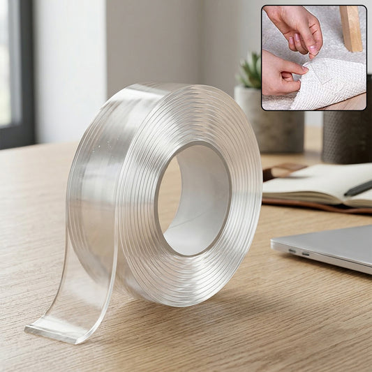 Heavy duty transparent double-sided nano adhesive tape by Wukusy, 70x25mm, shown on a clean surface for strong, reusable bonding.
