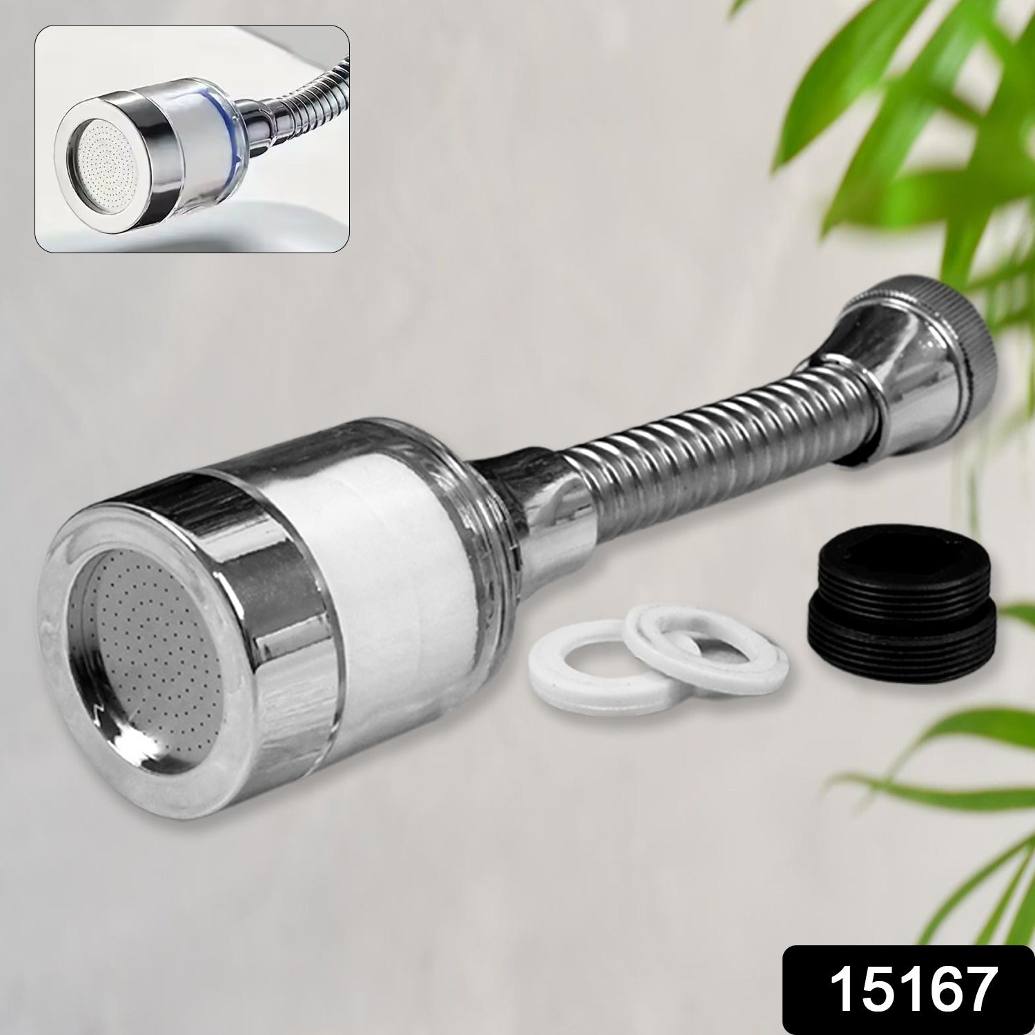 Wukusy plastic water-saving sprinkler faucet aerator, 6.5 inch, showing the aerator attached to a garden faucet.