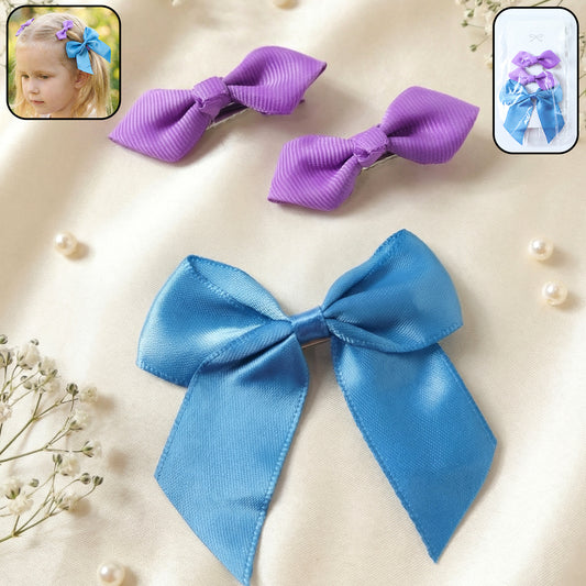 Set of three Wukusy satin ribbon bow hair clips featuring elegant, shiny satin bows on alligator clips for girls' hairstyles.
