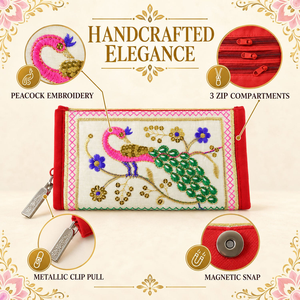 Wukusy traditional peacock embroidered clutch wallet with zip, 11x20 cm, featuring intricate peacock design and vibrant embroidery.