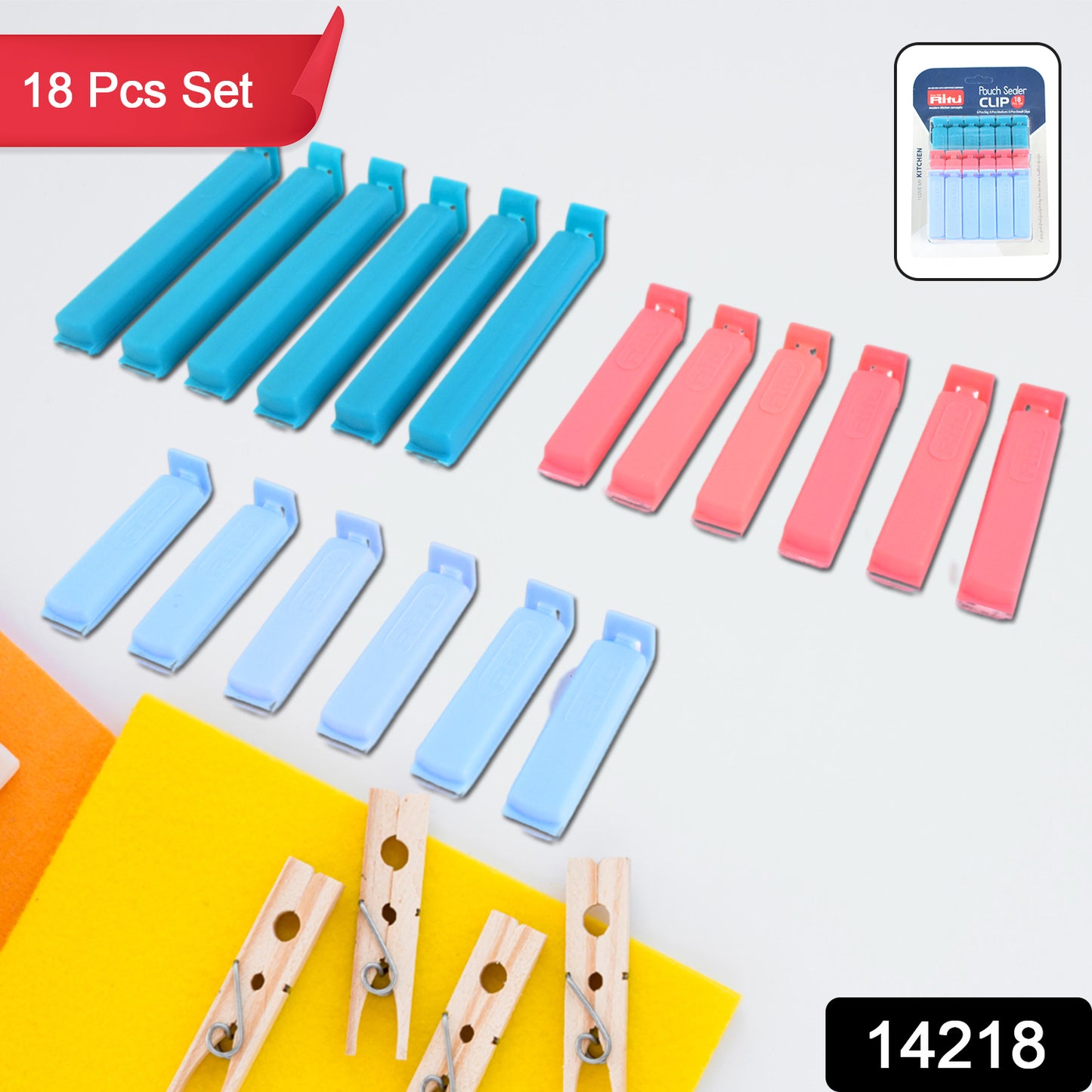 Wukusy Ritu 18-piece plastic pouch sealer clip set displayed with multiple colorful clips for sealing food pouches